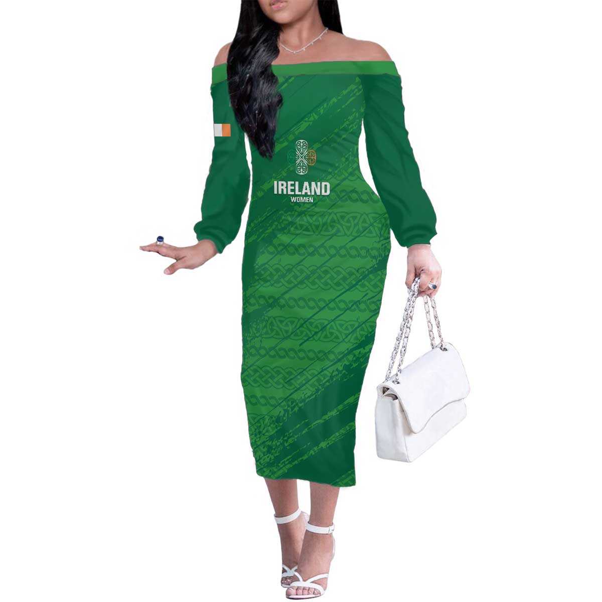Custom Ireland Cricket Family Matching Off The Shoulder Long Sleeve Dress and Hawaiian Shirt Irish Celtic Knot - National Color - Wonder Print Shop