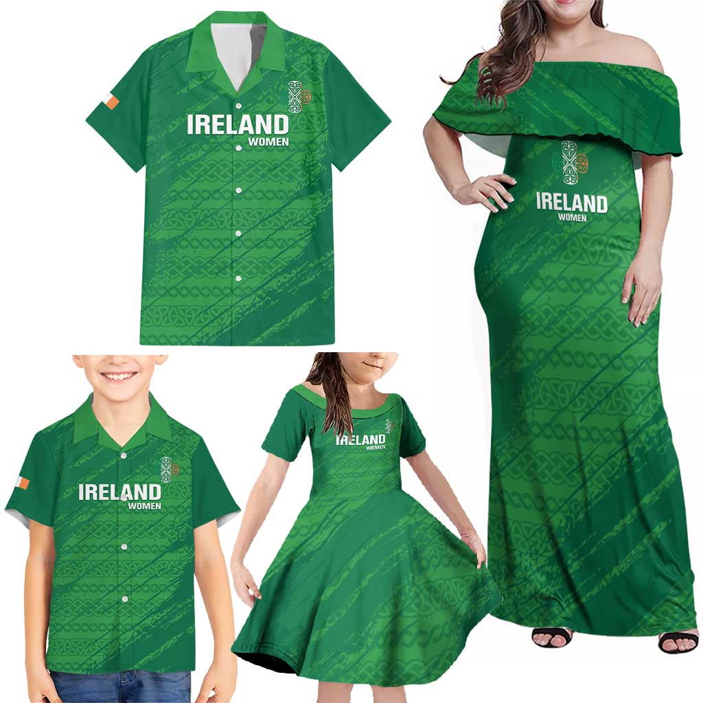 Custom Ireland Cricket Family Matching Off Shoulder Maxi Dress and Hawaiian Shirt Irish Celtic Knot - National Color - Wonder Print Shop