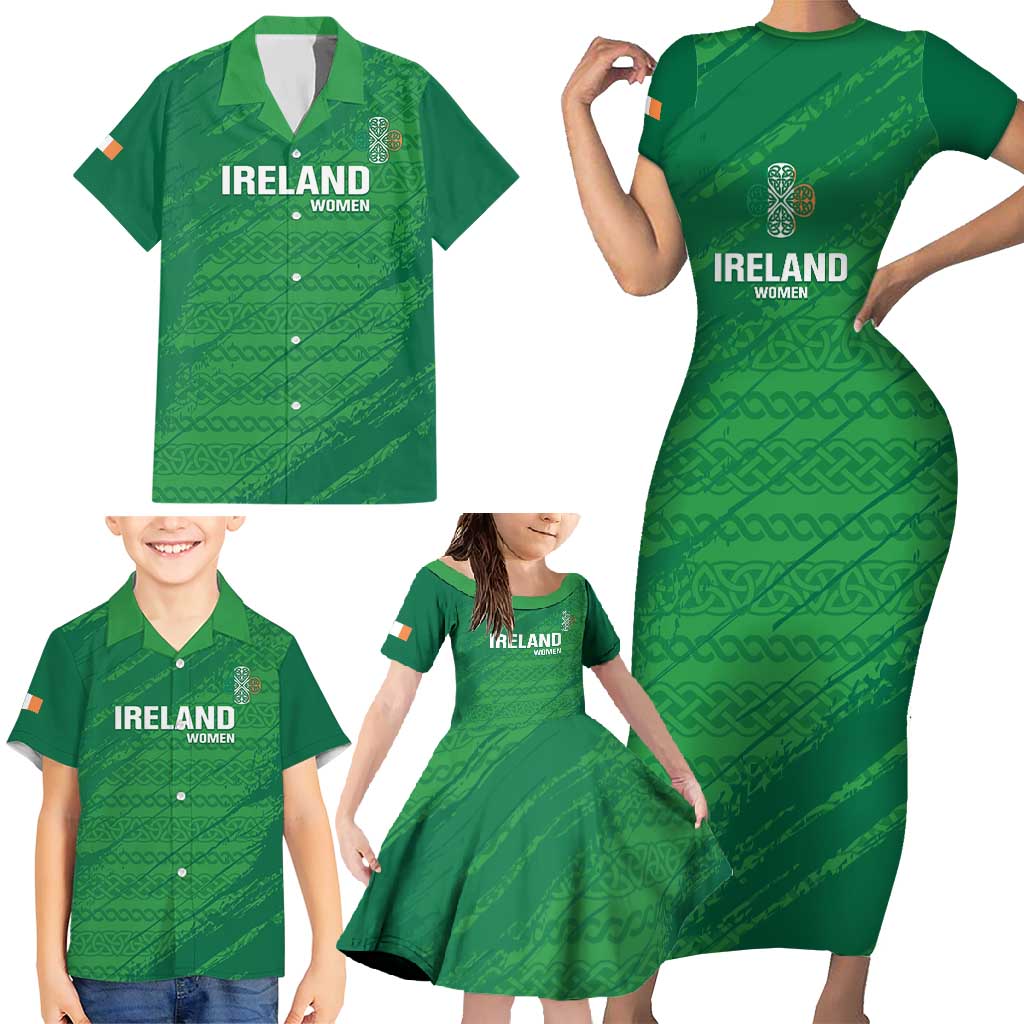 Custom Ireland Cricket Family Matching Short Sleeve Bodycon Dress and Hawaiian Shirt Irish Celtic Knot - National Color - Wonder Print Shop