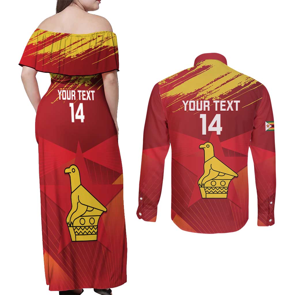 Custom Zimbabwe Cricket Couples Matching Off Shoulder Maxi Dress and Long Sleeve Button Shirt Go Lady Chevrons Grunge Style - Wonder Print Shop