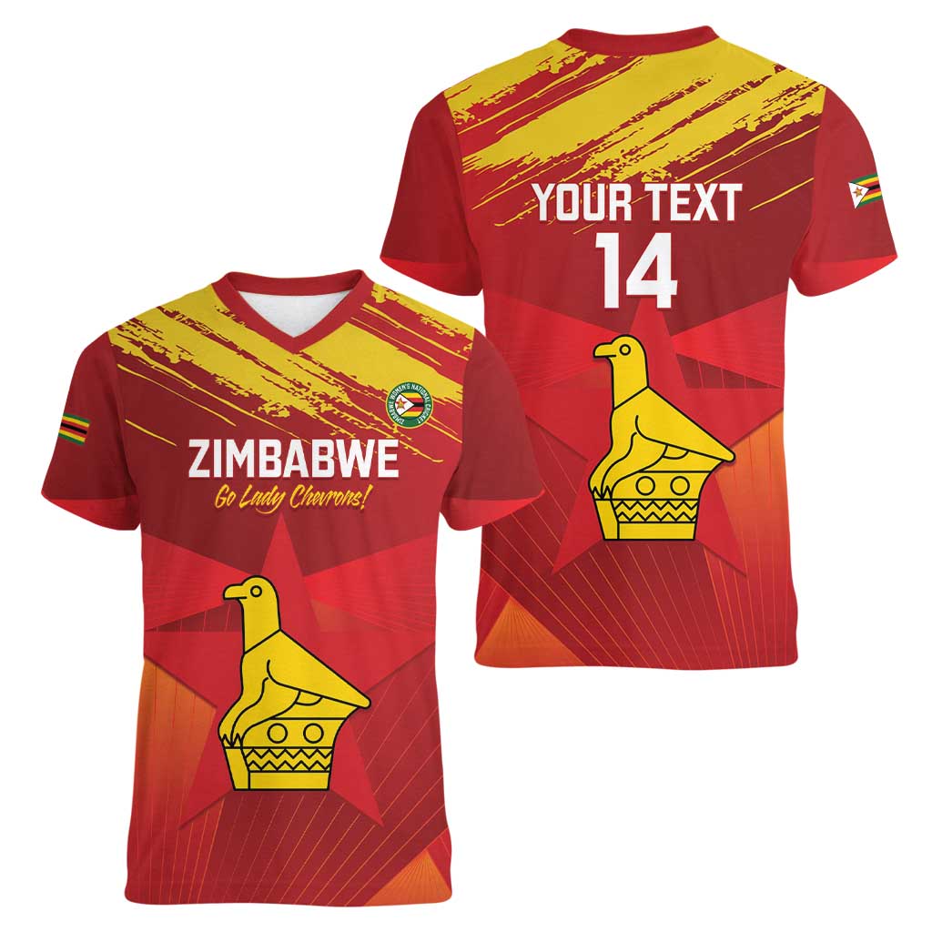 Custom Zimbabwe Cricket Women V-Neck T-Shirt Go Lady Chevrons Grunge Style - Wonder Print Shop