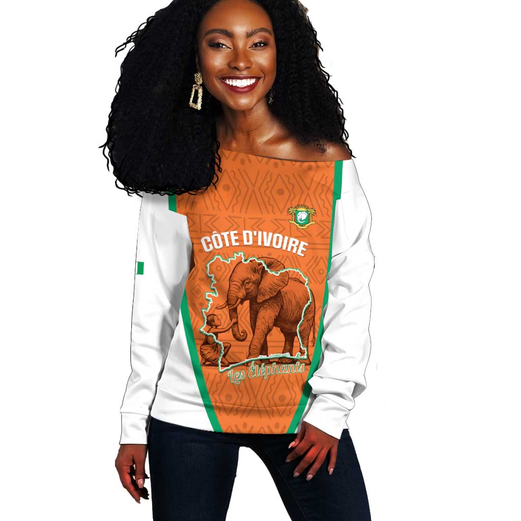 Custom Ivory Coast Football Off Shoulder Sweater 2026 Cote d'Ivoire Les Elephants Orange Version - Wonder Print Shop
