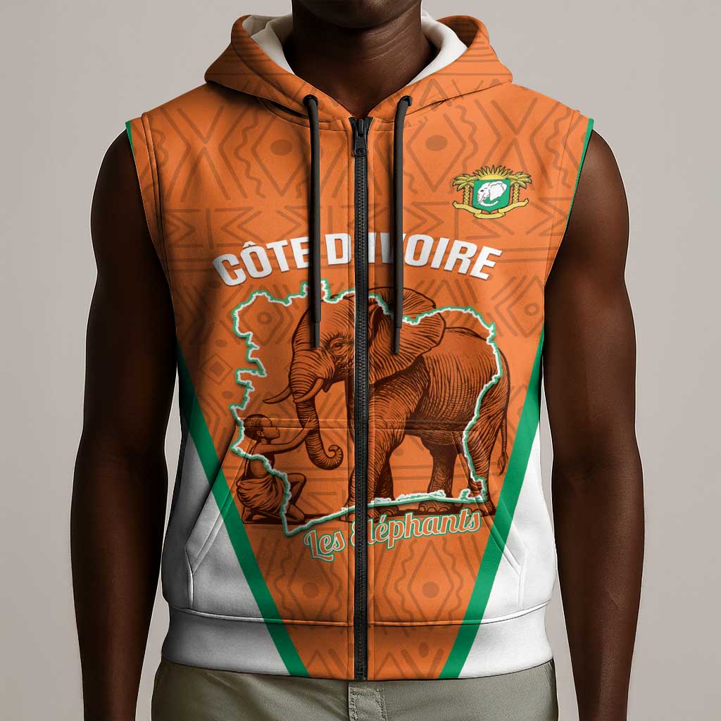 Custom Ivory Coast Football Sleeveless Zip Hoodie 2026 Cote d'Ivoire Les Elephants Orange Version - Wonder Print Shop
