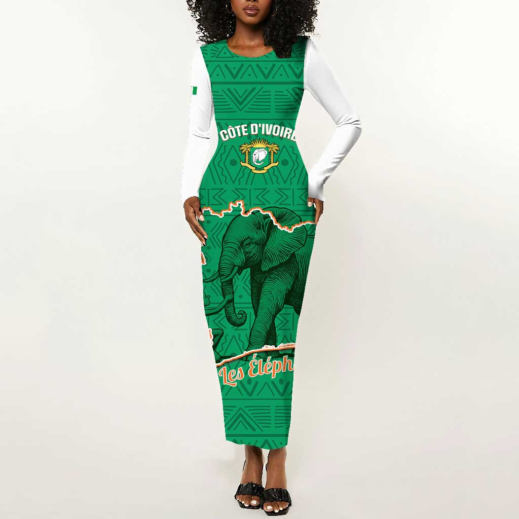 Custom Ivory Coast Football Long Sleeve Bodycon Dress 2026 Cote d'Ivoire Les Elephants Green Version - Wonder Print Shop