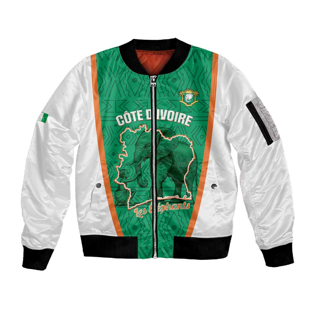 Custom Ivory Coast Football Sleeve Zip Bomber Jacket 2026 Cote d'Ivoire Les Elephants Green Version - Wonder Print Shop