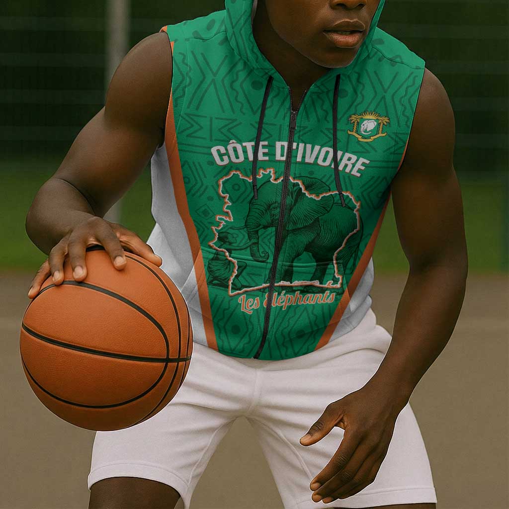 Custom Ivory Coast Football Sleeveless Zip Hoodie 2026 Cote d'Ivoire Les Elephants Green Version - Wonder Print Shop