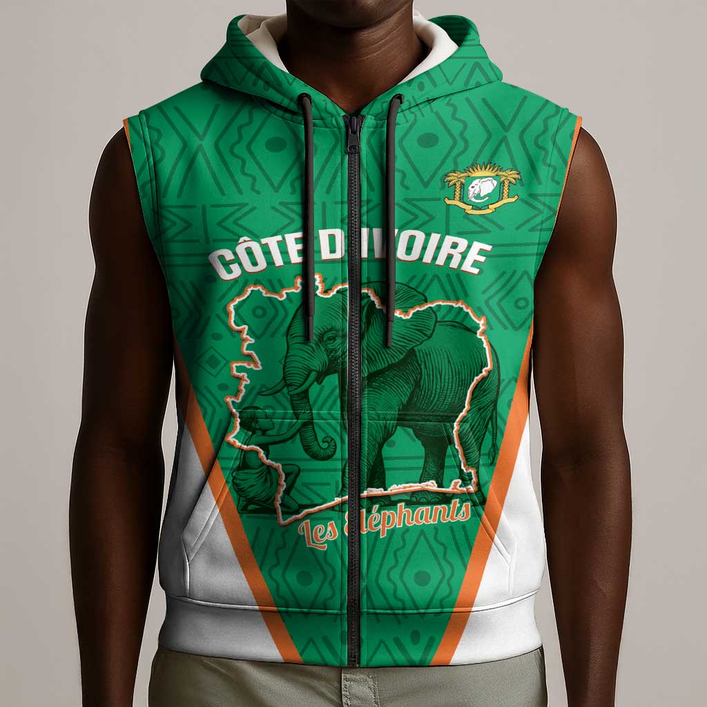 Custom Ivory Coast Football Sleeveless Zip Hoodie 2026 Cote d'Ivoire Les Elephants Green Version - Wonder Print Shop