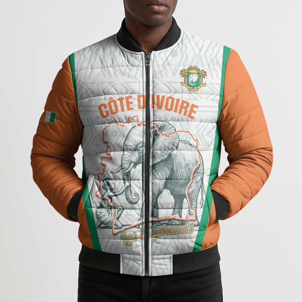 Custom Ivory Coast Football Bomber Puffer Jacket 2026 Cote d'Ivoire Les Elephants White Version - Wonder Print Shop