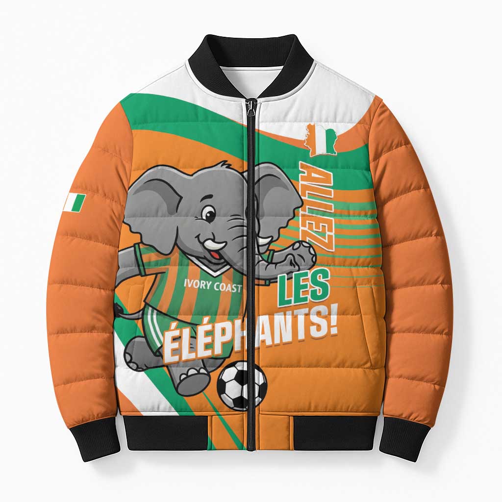 Custom Ivory Coast Football Bomber Puffer Jacket 2026 Allez Les Elephants Cute Mascot - Wonder Print Shop