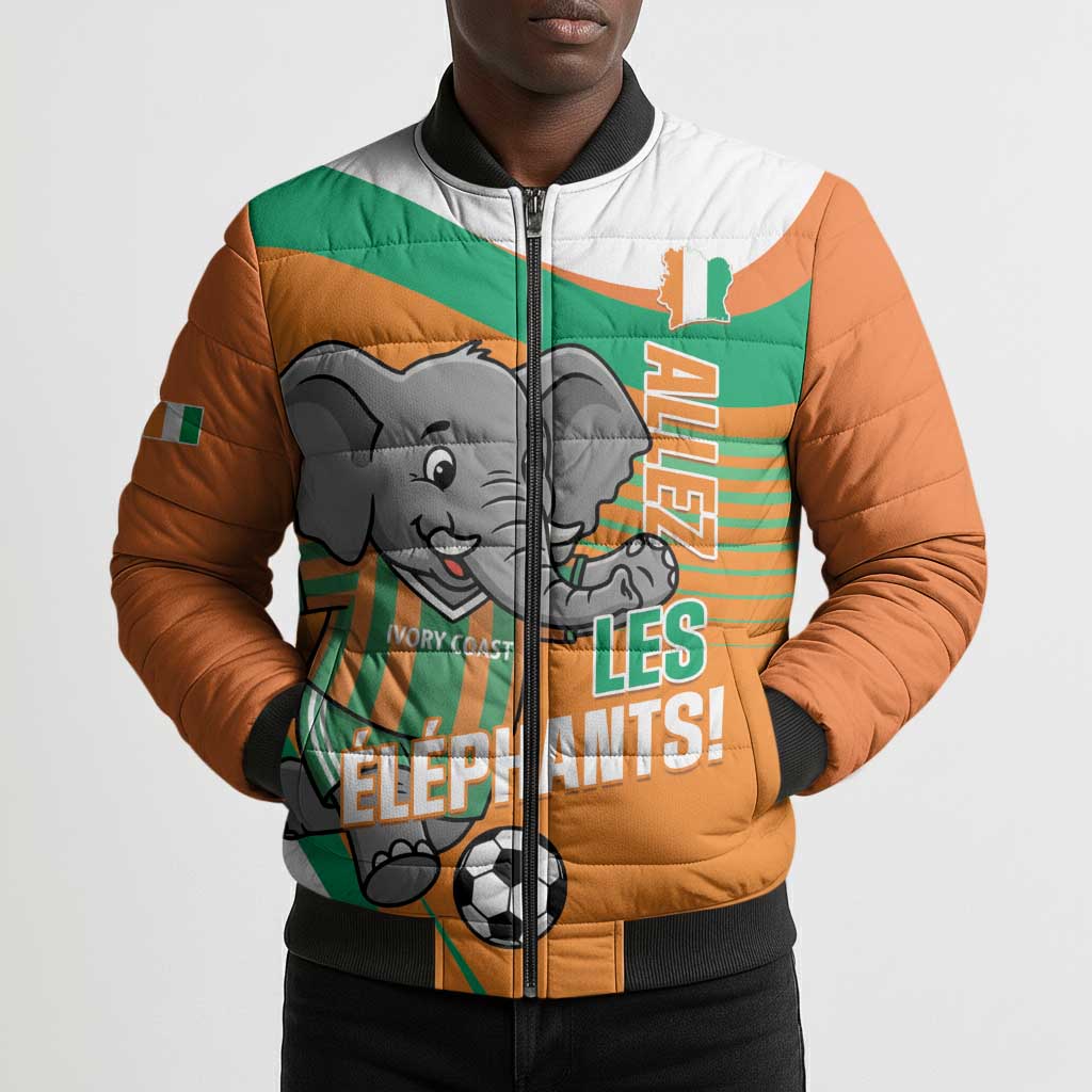 Custom Ivory Coast Football Bomber Puffer Jacket 2026 Allez Les Elephants Cute Mascot - Wonder Print Shop