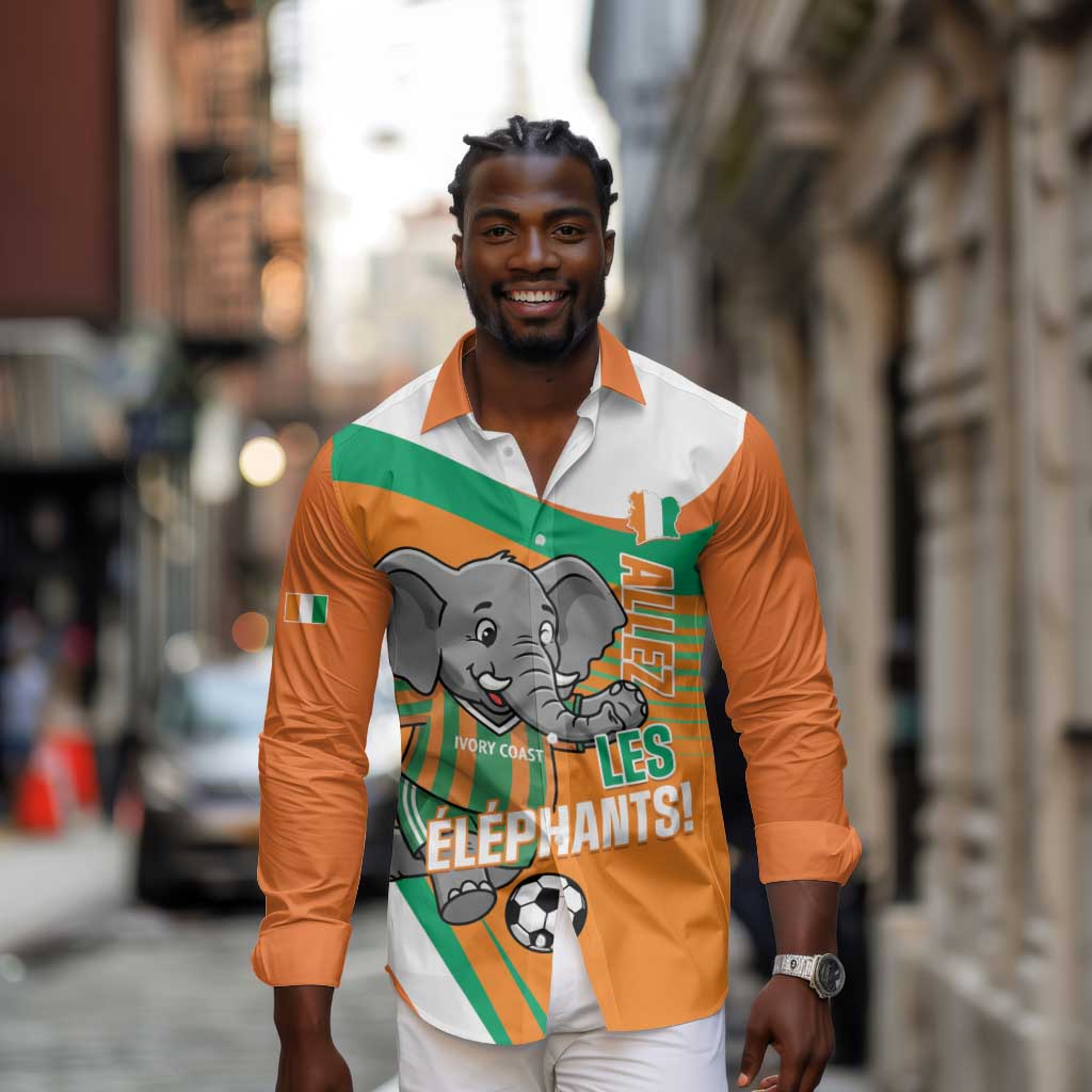 Custom Ivory Coast Football Long Sleeve Button Shirt 2026 Allez Les Elephants Cute Mascot - Wonder Print Shop