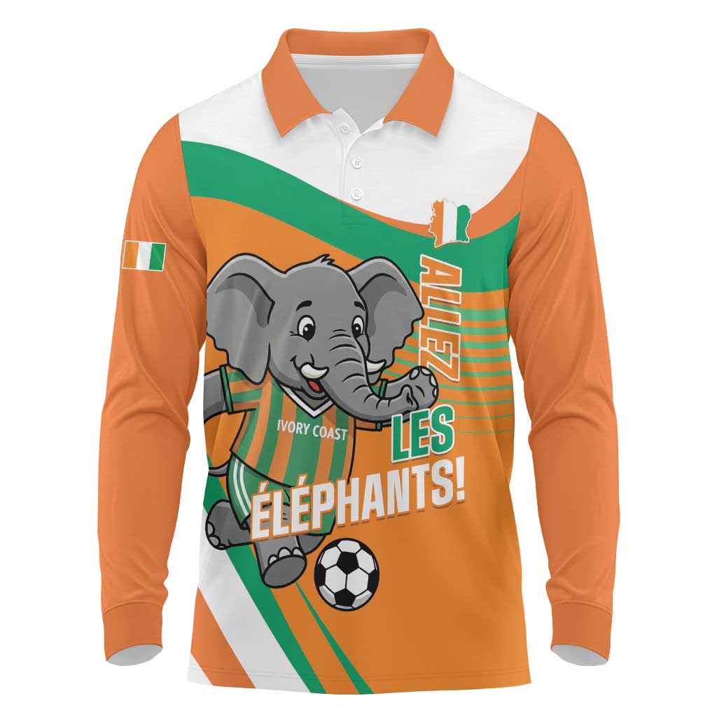 Custom Ivory Coast Football Long Sleeve Polo Shirt 2026 Allez Les Elephants Cute Mascot - Wonder Print Shop
