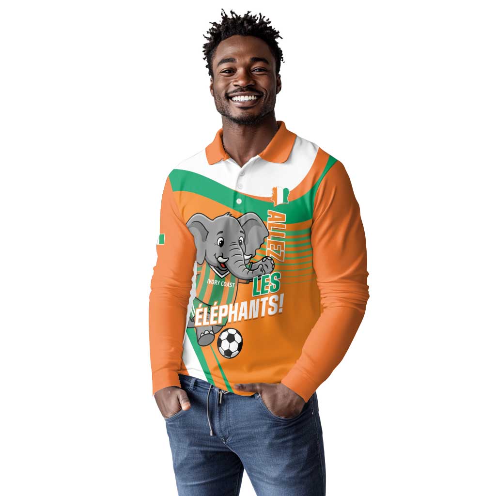 Custom Ivory Coast Football Long Sleeve Polo Shirt 2026 Allez Les Elephants Cute Mascot - Wonder Print Shop