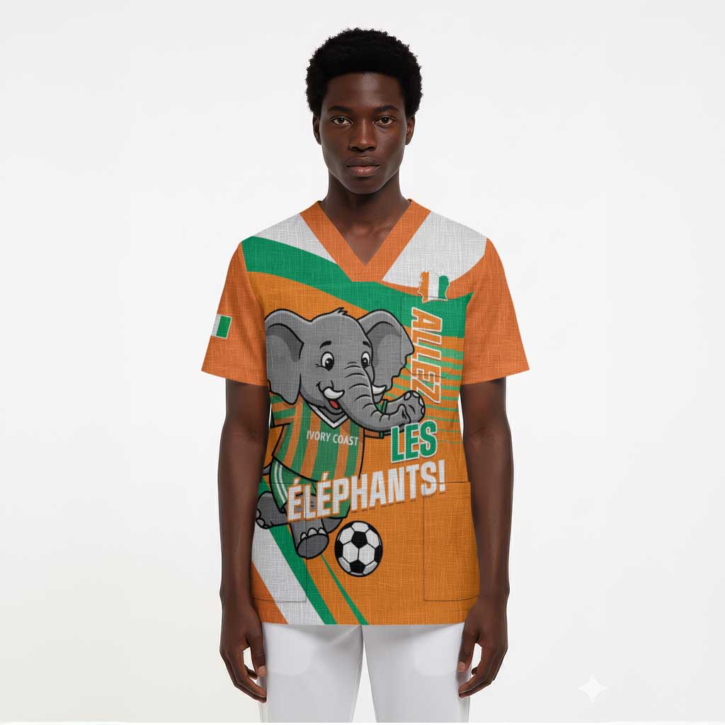 Custom Ivory Coast Football Scrub Top 2026 Allez Les Elephants Cute Mascot - Wonder Print Shop