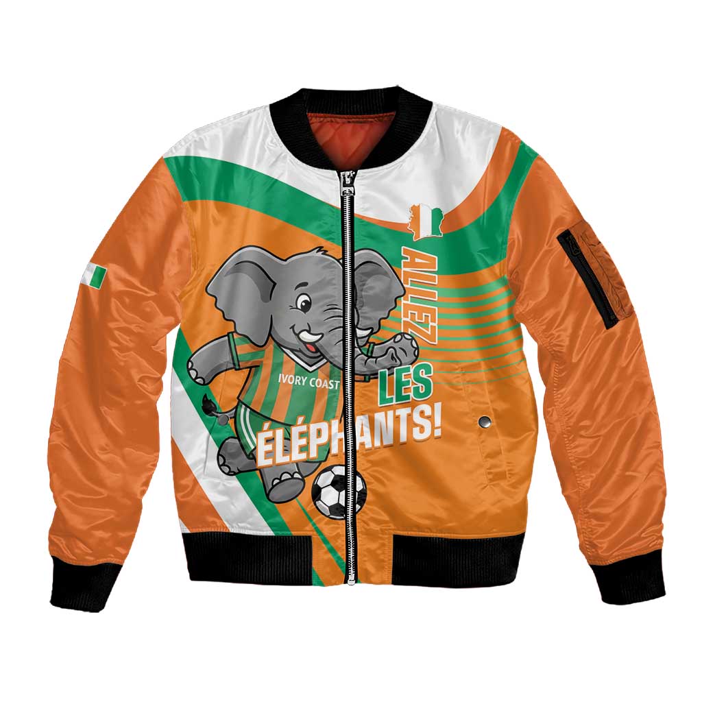 Custom Ivory Coast Football Sleeve Zip Bomber Jacket 2026 Allez Les Elephants Cute Mascot - Wonder Print Shop