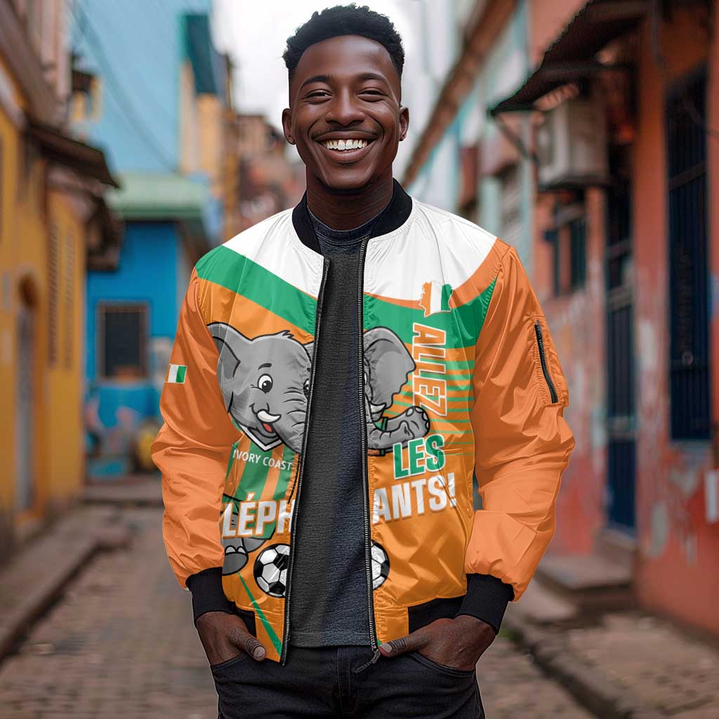 Custom Ivory Coast Football Sleeve Zip Bomber Jacket 2026 Allez Les Elephants Cute Mascot - Wonder Print Shop
