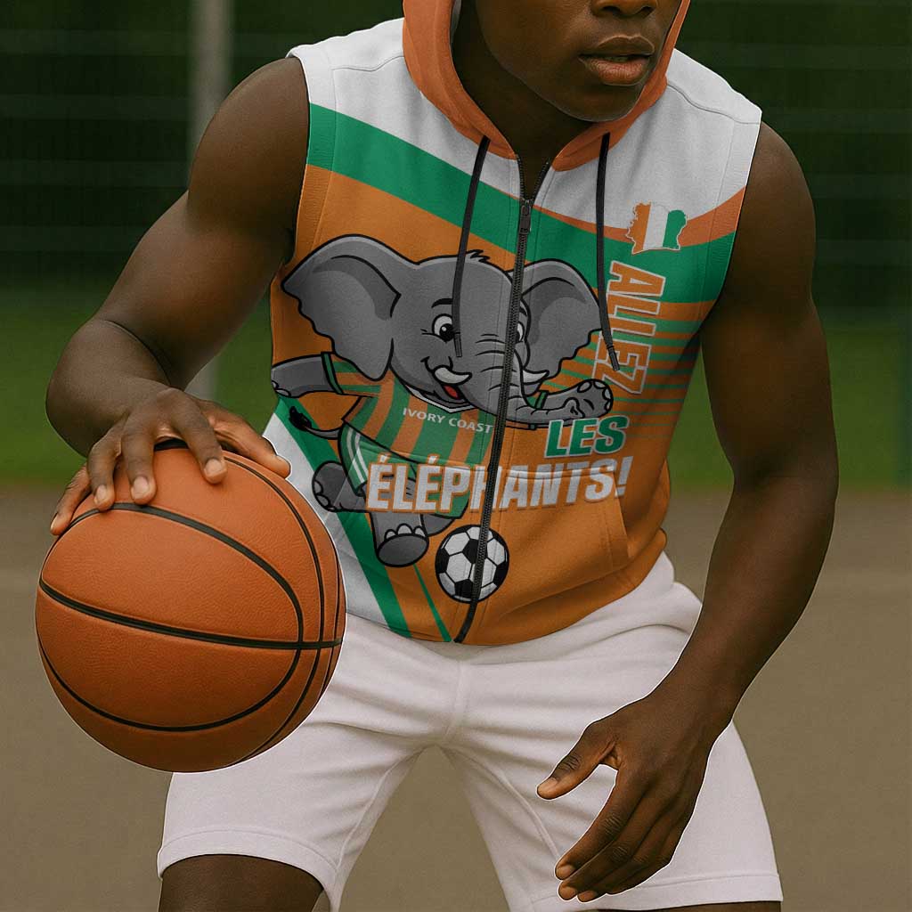 Custom Ivory Coast Football Sleeveless Zip Hoodie 2026 Allez Les Elephants Cute Mascot - Wonder Print Shop