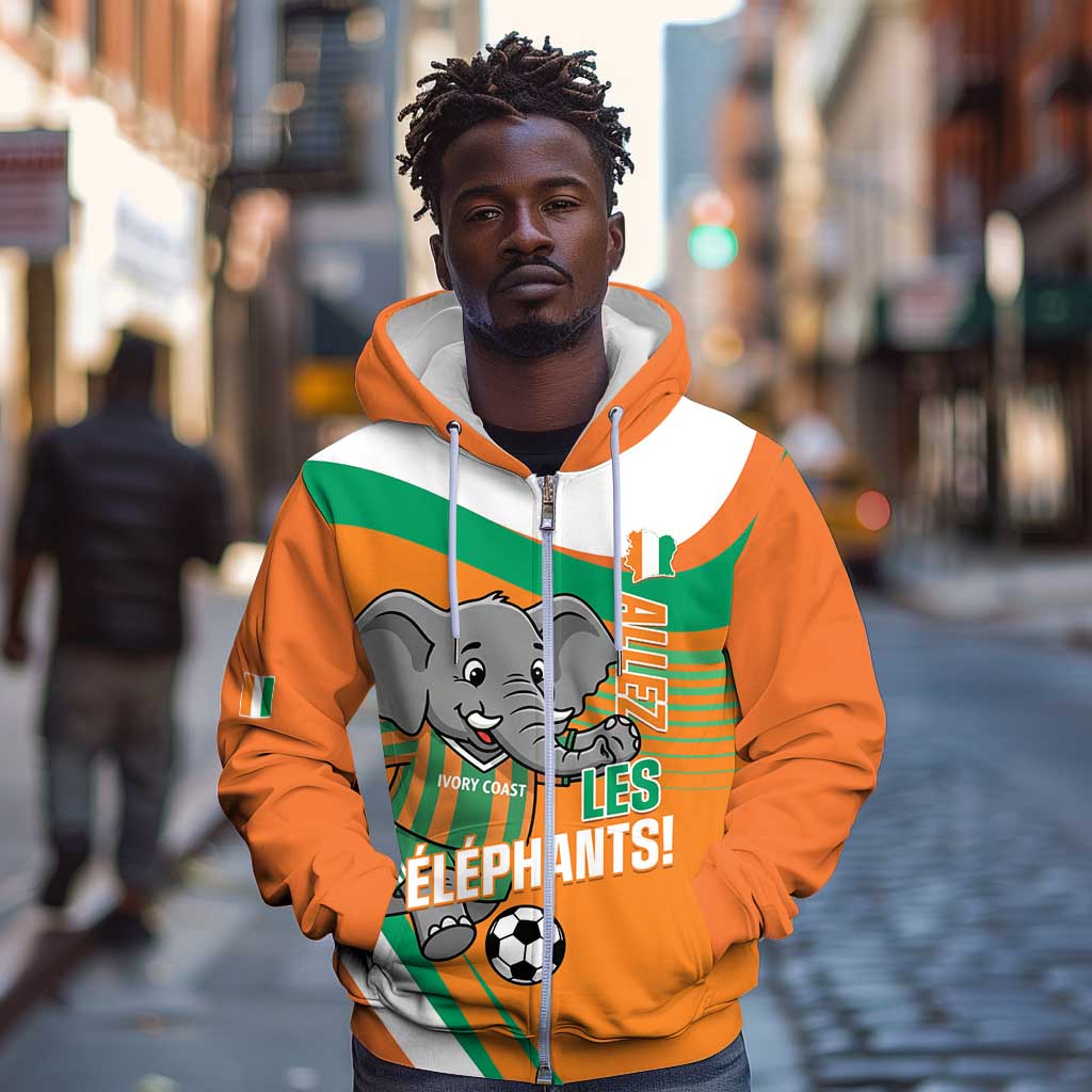 Custom Ivory Coast Football Zip Hoodie 2026 Allez Les Elephants Cute Mascot - Wonder Print Shop