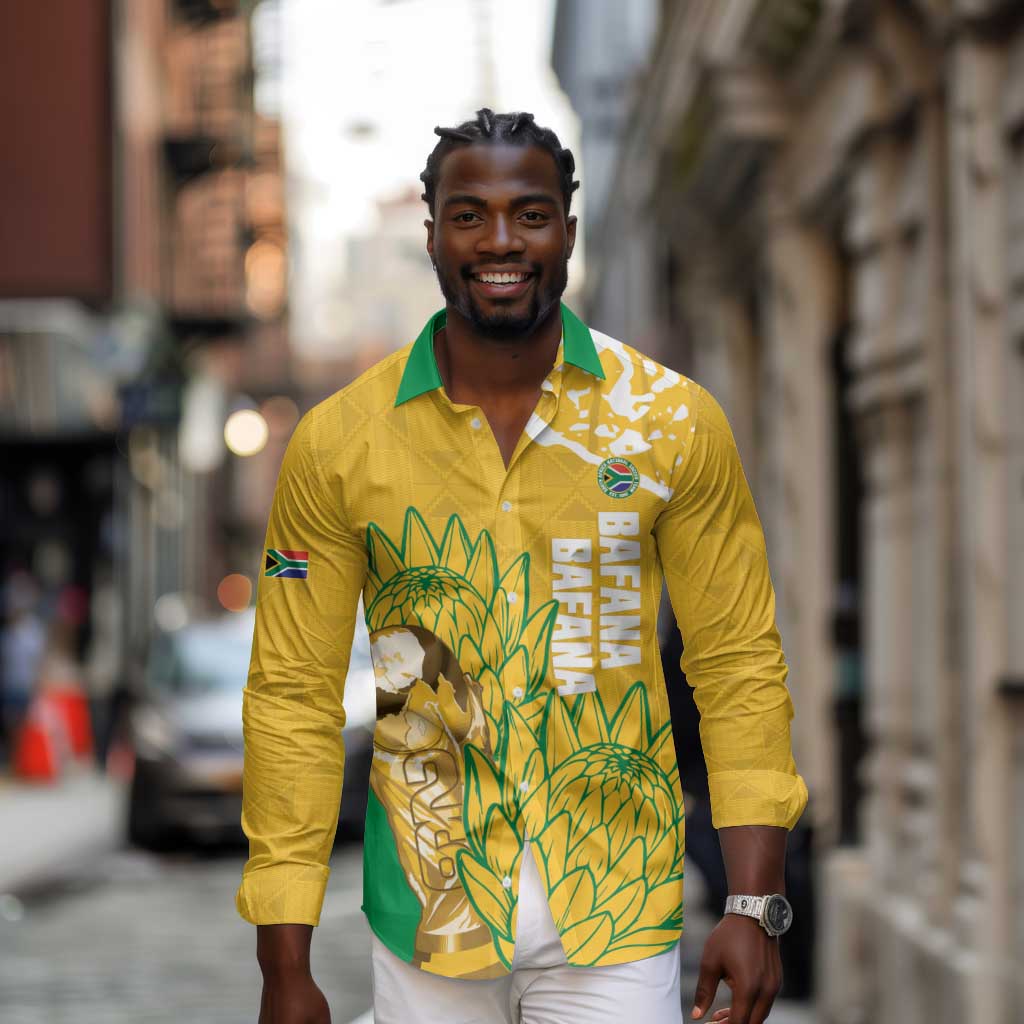 Custom South Africa Soccer Long Sleeve Button Shirt 2026 Bafana Bafana Go Boys Protea - Wonder Print Shop