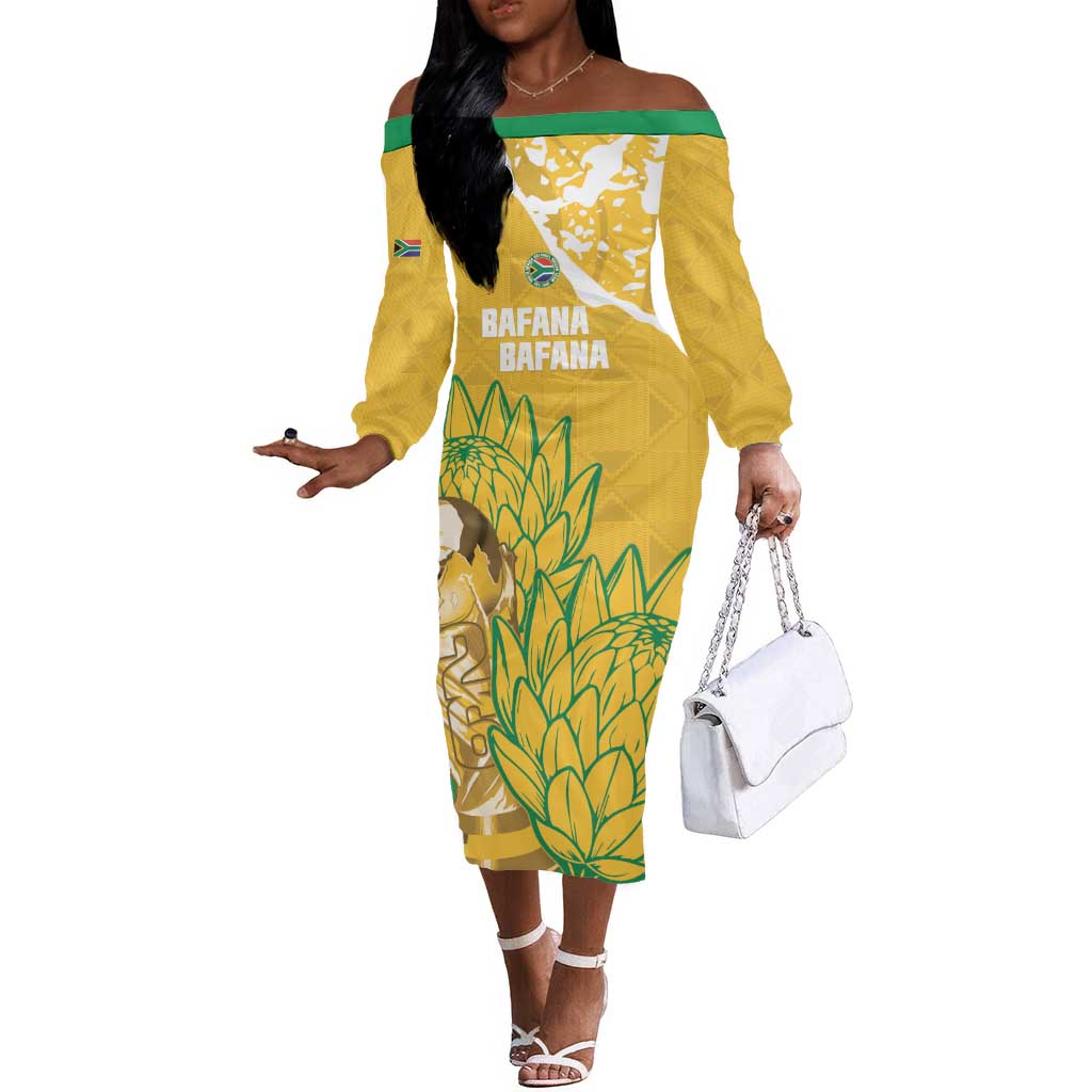 Custom South Africa Soccer Off The Shoulder Long Sleeve Dress 2026 Bafana Bafana Go Boys Protea - Wonder Print Shop