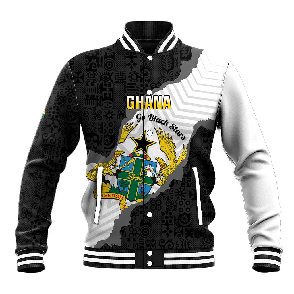 Custom Ghana Football Baseball Jacket 2026 Go Black Stars Black Adinkra Pattern - Wonder Print Shop