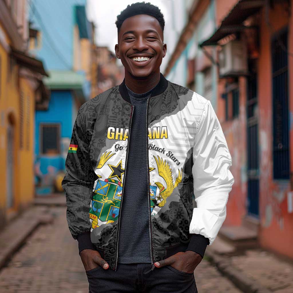 Custom Ghana Football Bomber Jacket 2026 Go Black Stars Black Adinkra Pattern - Wonder Print Shop