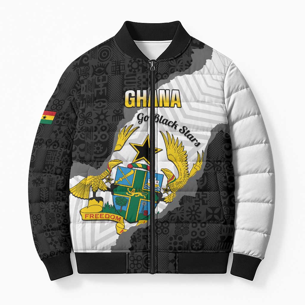 Custom Ghana Football Bomber Puffer Jacket 2026 Go Black Stars Black Adinkra Pattern - Wonder Print Shop
