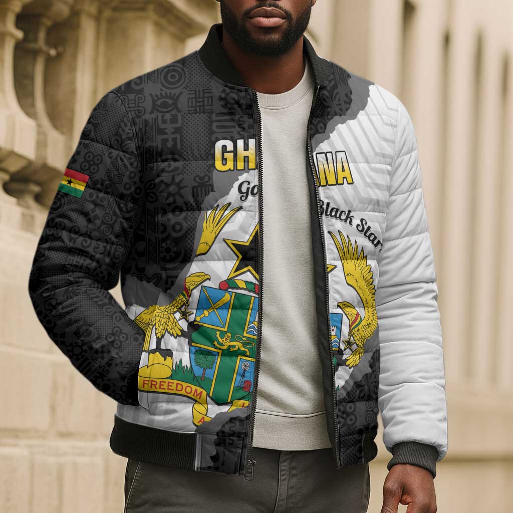 Custom Ghana Football Bomber Puffer Jacket 2026 Go Black Stars Black Adinkra Pattern - Wonder Print Shop