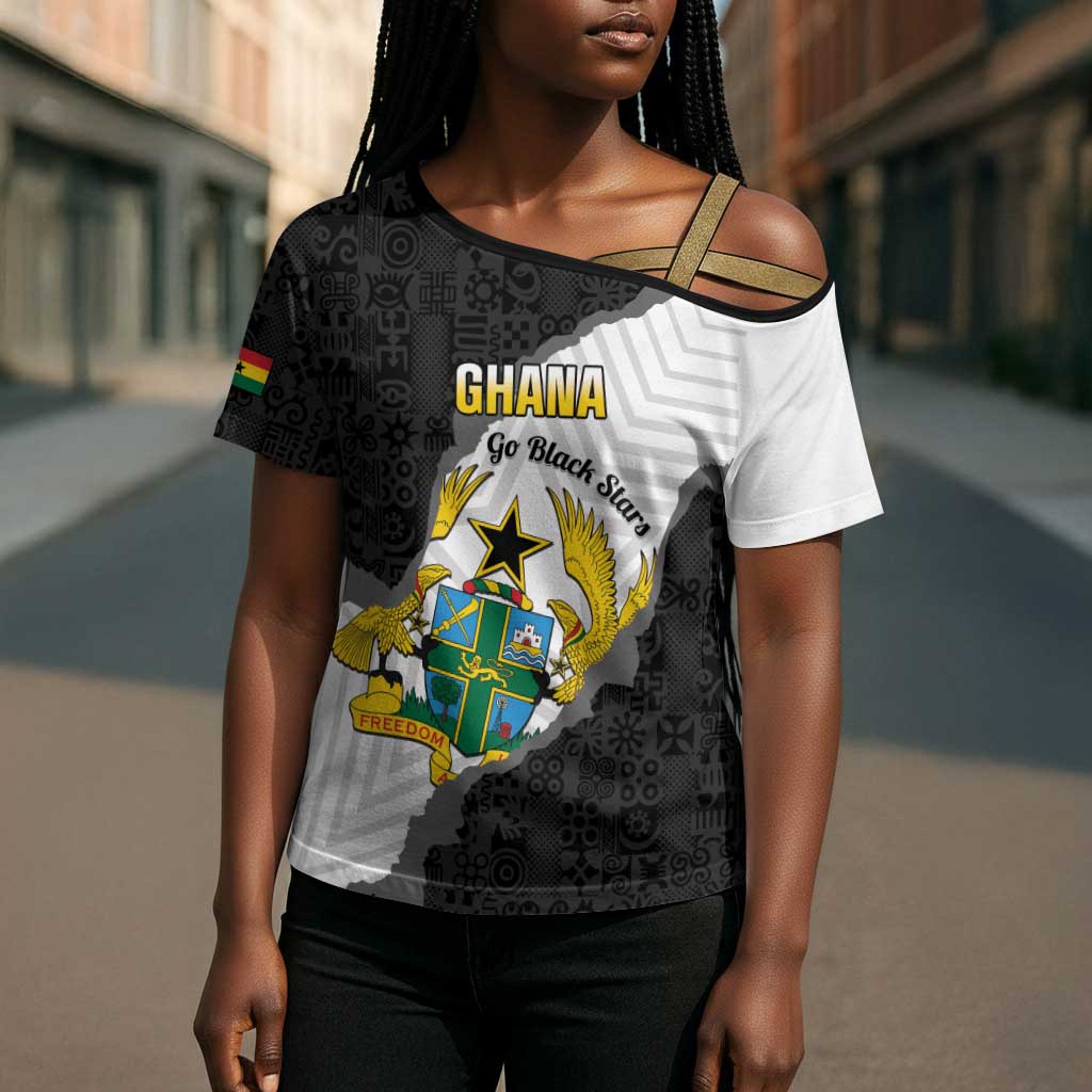 Custom Ghana Football Cross Shoulder Shirt 2026 Go Black Stars Black Adinkra Pattern - Wonder Print Shop