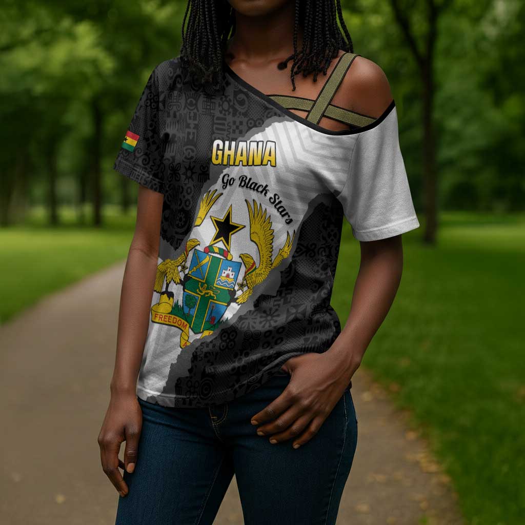 Custom Ghana Football Cross Shoulder Shirt 2026 Go Black Stars Black Adinkra Pattern - Wonder Print Shop