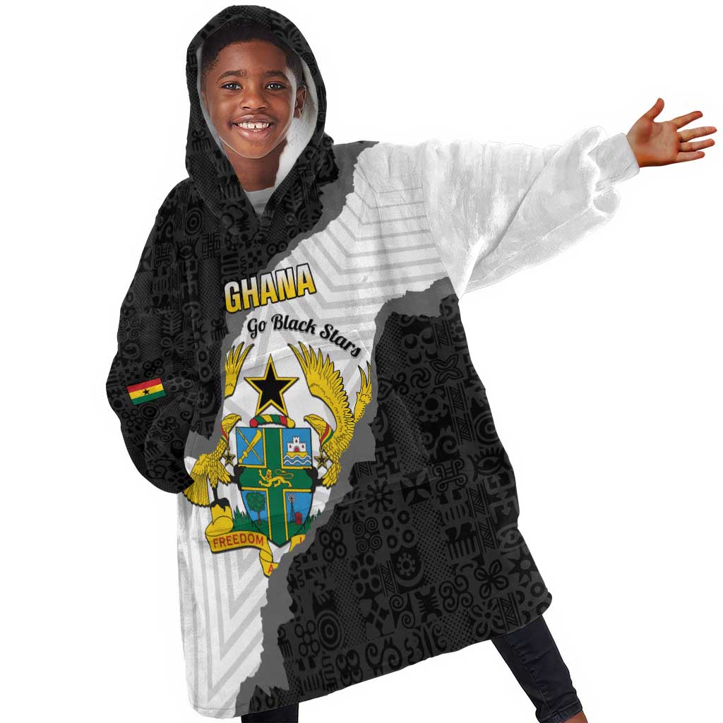 Custom Ghana Football Kid Wearable Blanket Hoodie 2026 Go Black Stars Black Adinkra Pattern - Wonder Print Shop