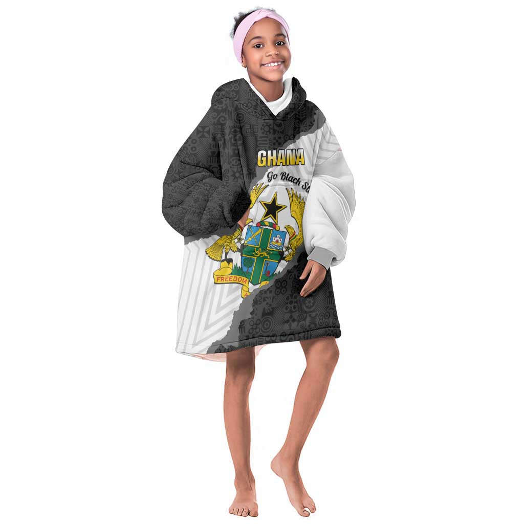 Custom Ghana Football Kid Wearable Blanket Hoodie 2026 Go Black Stars Black Adinkra Pattern - Wonder Print Shop