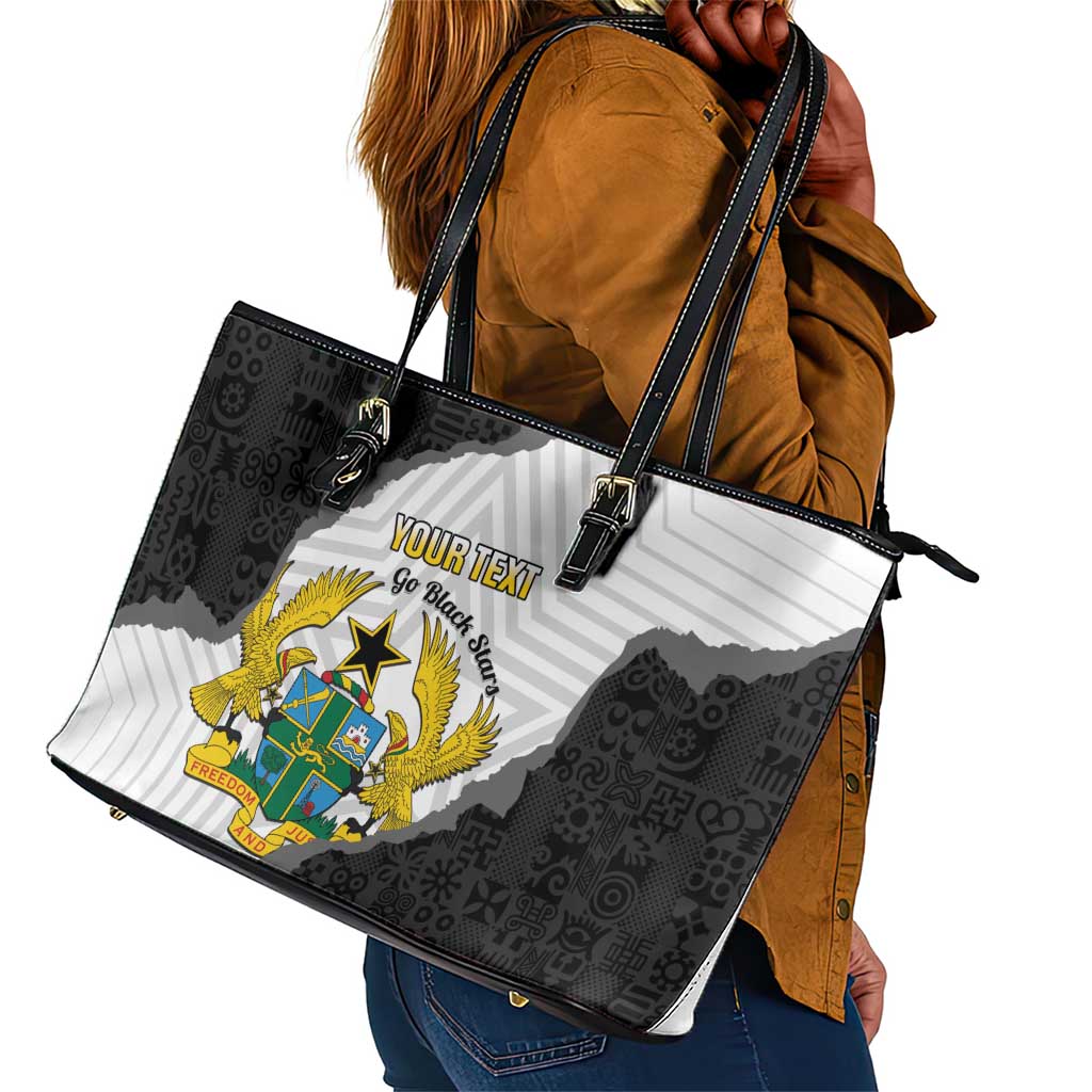 Custom Ghana Football Leather Tote Bag 2026 Go Black Stars Black Adinkra Pattern - Wonder Print Shop