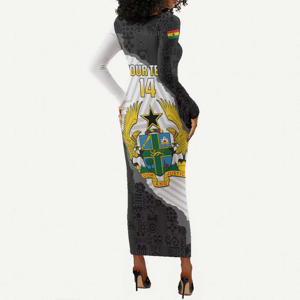 Custom Ghana Football Long Sleeve Bodycon Dress 2026 Go Black Stars Black Adinkra Pattern - Wonder Print Shop