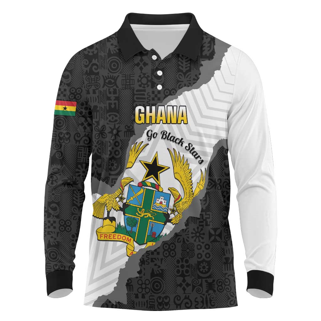 Custom Ghana Football Long Sleeve Polo Shirt 2026 Go Black Stars Black Adinkra Pattern - Wonder Print Shop