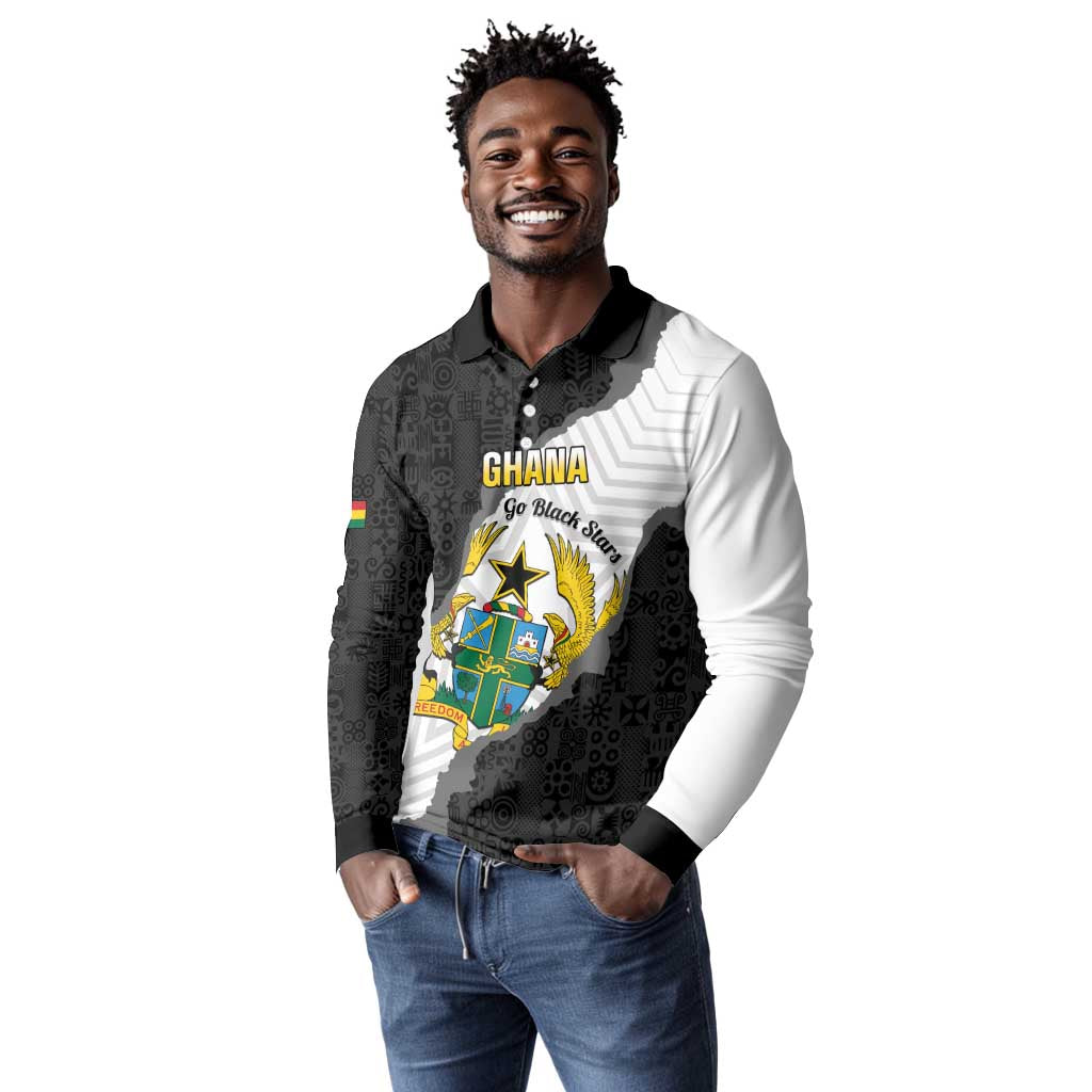 Custom Ghana Football Long Sleeve Polo Shirt 2026 Go Black Stars Black Adinkra Pattern - Wonder Print Shop