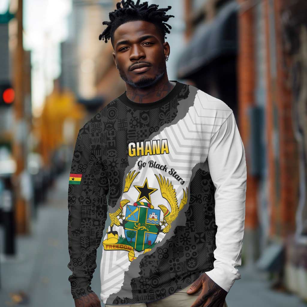 Custom Ghana Football Long Sleeve Shirt 2026 Go Black Stars Black Adinkra Pattern - Wonder Print Shop