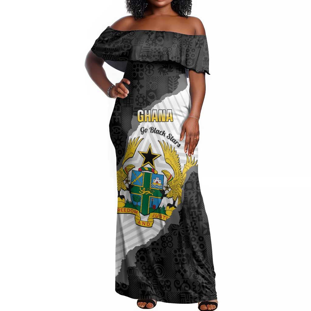 Custom Ghana Football Off Shoulder Maxi Dress 2026 Go Black Stars Black Adinkra Pattern - Wonder Print Shop