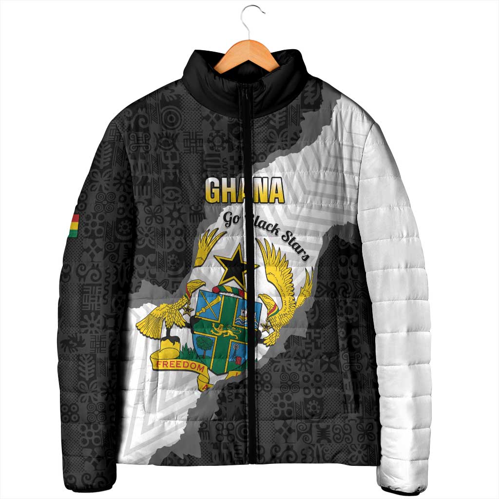 Custom Ghana Football Padded Jacket 2026 Go Black Stars Black Adinkra Pattern - Wonder Print Shop