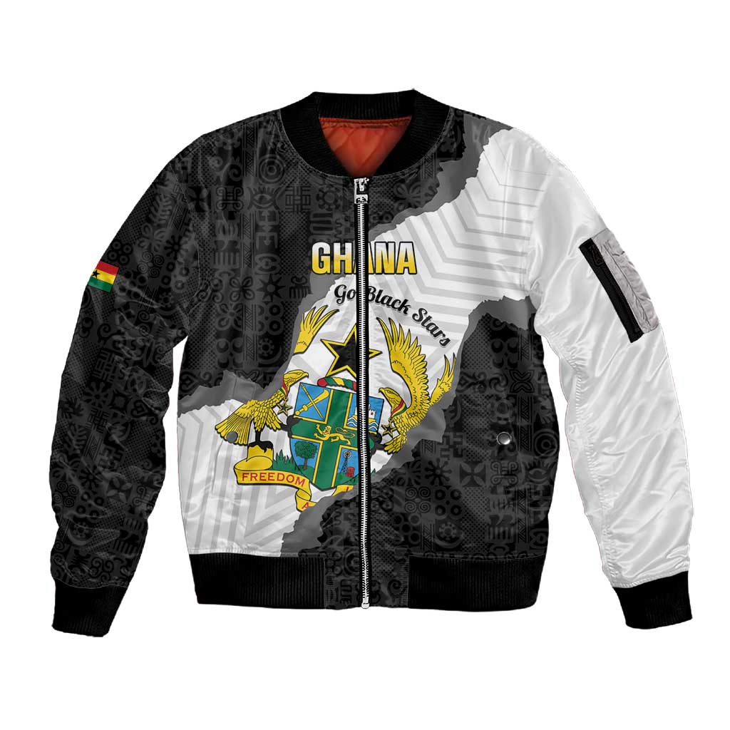 Custom Ghana Football Sleeve Zip Bomber Jacket 2026 Go Black Stars Black Adinkra Pattern - Wonder Print Shop