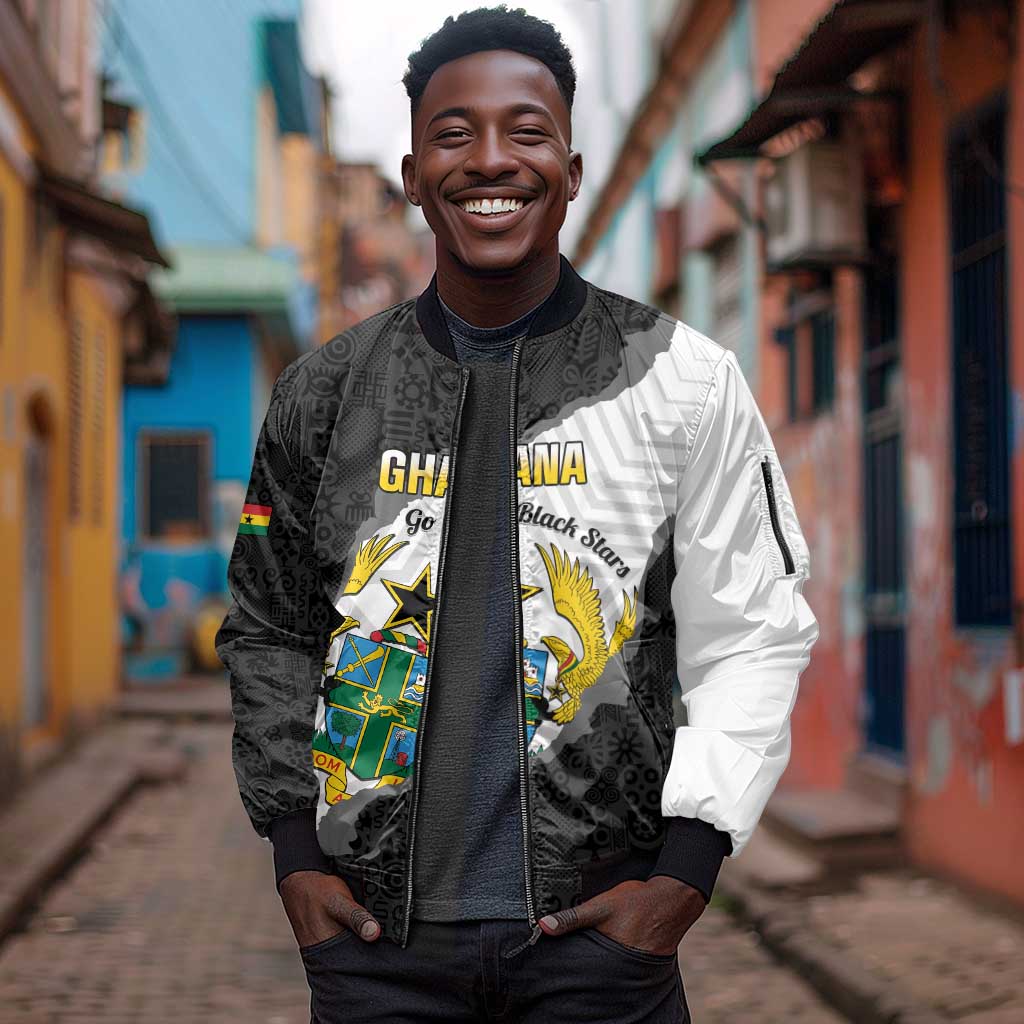 Custom Ghana Football Sleeve Zip Bomber Jacket 2026 Go Black Stars Black Adinkra Pattern - Wonder Print Shop