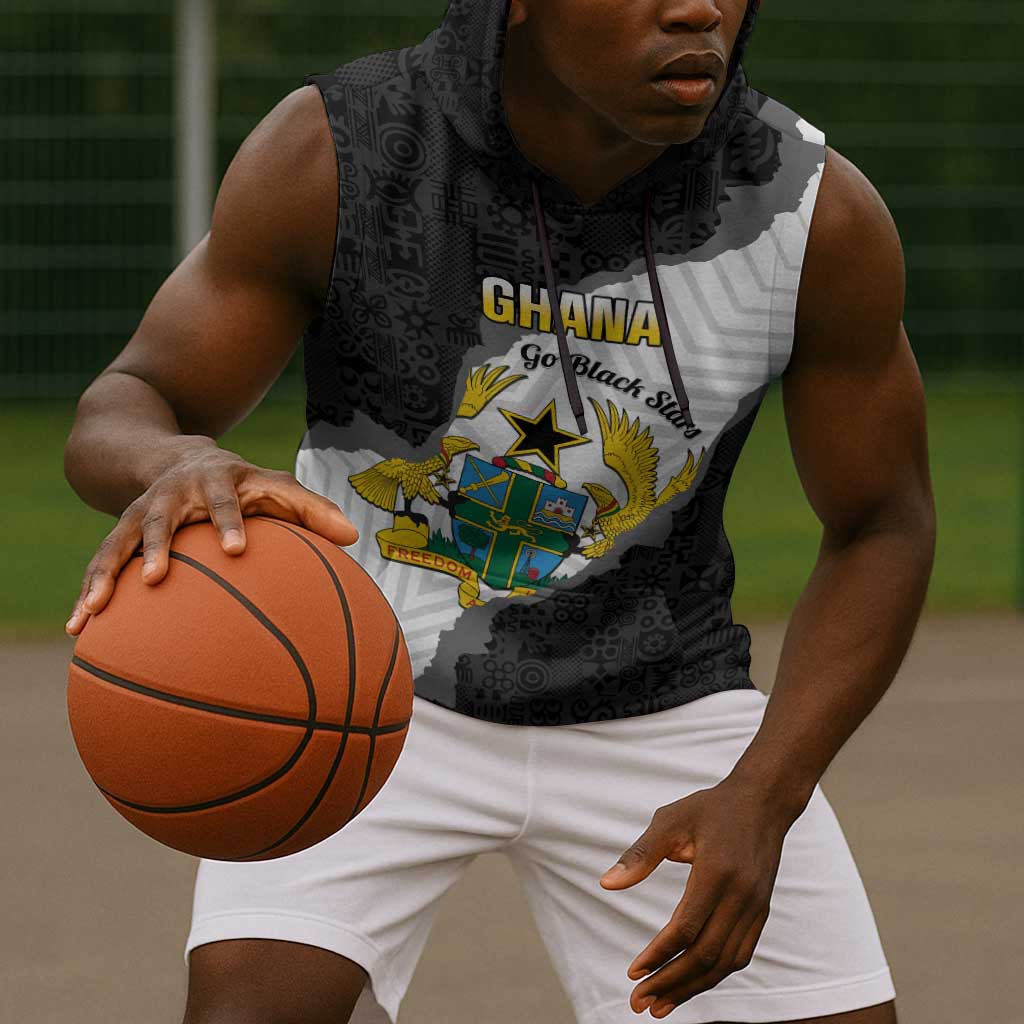 Custom Ghana Football Sleeveless Hoodie 2026 Go Black Stars Black Adinkra Pattern - Wonder Print Shop