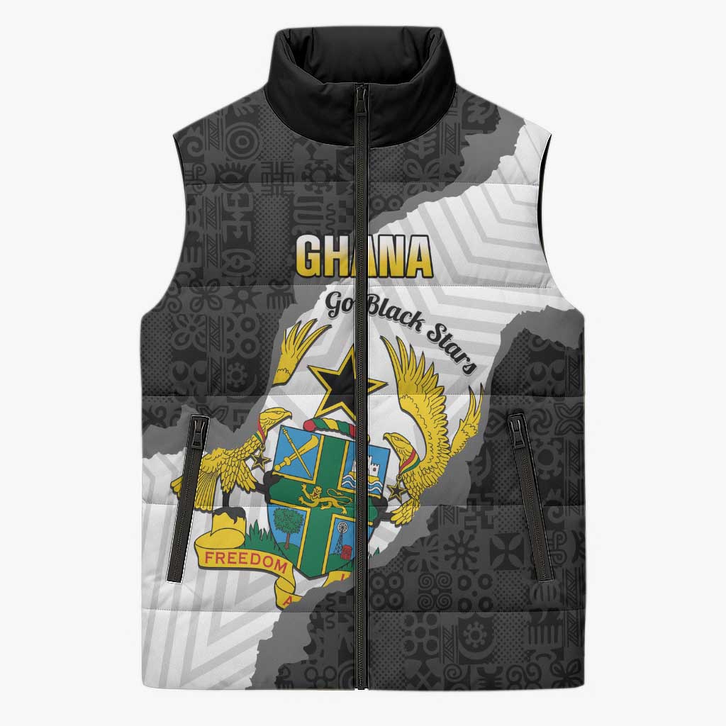 Custom Ghana Football Sleeveless Puffer Jacket 2026 Go Black Stars Black Adinkra Pattern - Wonder Print Shop