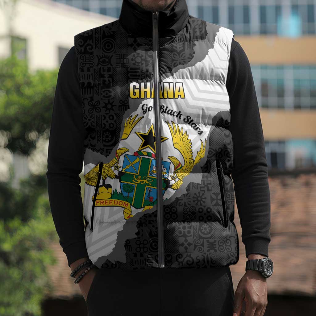 Custom Ghana Football Sleeveless Puffer Jacket 2026 Go Black Stars Black Adinkra Pattern - Wonder Print Shop