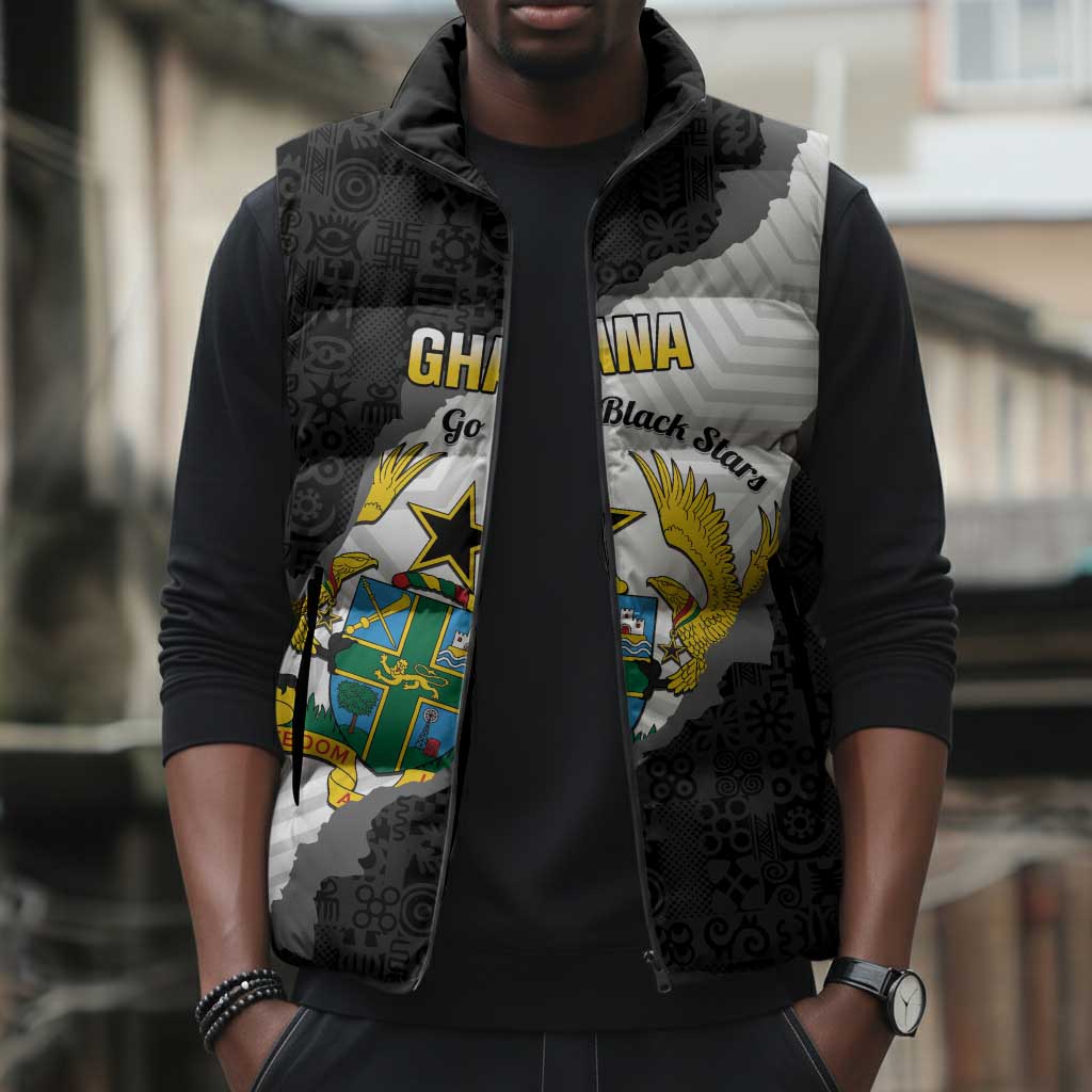 Custom Ghana Football Sleeveless Puffer Jacket 2026 Go Black Stars Black Adinkra Pattern - Wonder Print Shop