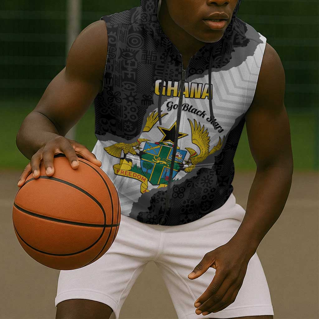 Custom Ghana Football Sleeveless Zip Hoodie 2026 Go Black Stars Black Adinkra Pattern - Wonder Print Shop
