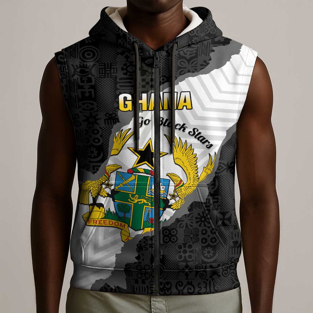 Custom Ghana Football Sleeveless Zip Hoodie 2026 Go Black Stars Black Adinkra Pattern - Wonder Print Shop