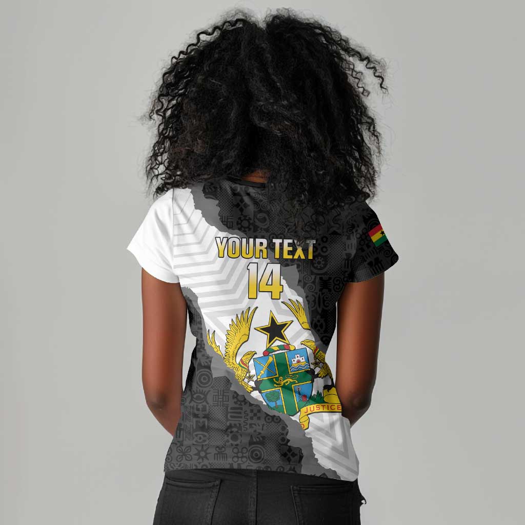 Custom Ghana Football Women V-Neck T-Shirt 2026 Go Black Stars Black Adinkra Pattern LT14