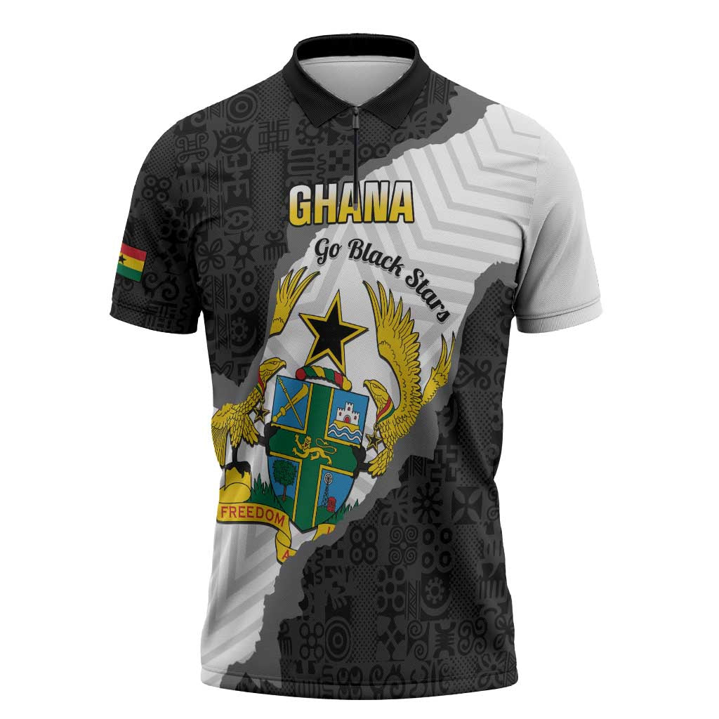 Custom Ghana Football Zipper Polo Shirt 2026 Go Black Stars Black Adinkra Pattern - Wonder Print Shop