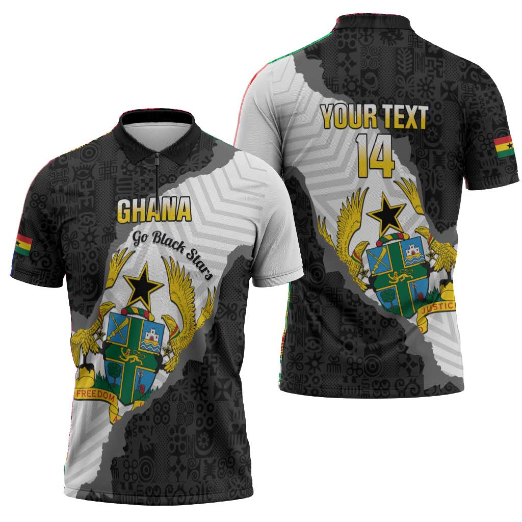 Custom Ghana Football Zipper Polo Shirt 2026 Go Black Stars Black Adinkra Pattern - Wonder Print Shop